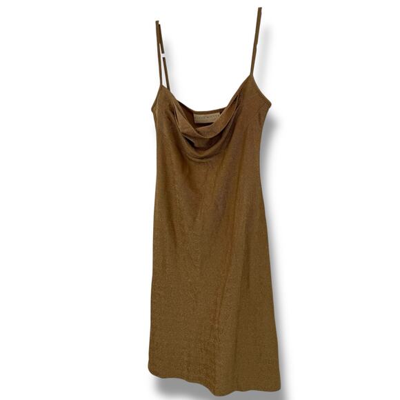 Karen Millen Gold Shimmer Mini Dress Size Small Draped Scoop Neck Stretchy Party - Picture 3 of 10